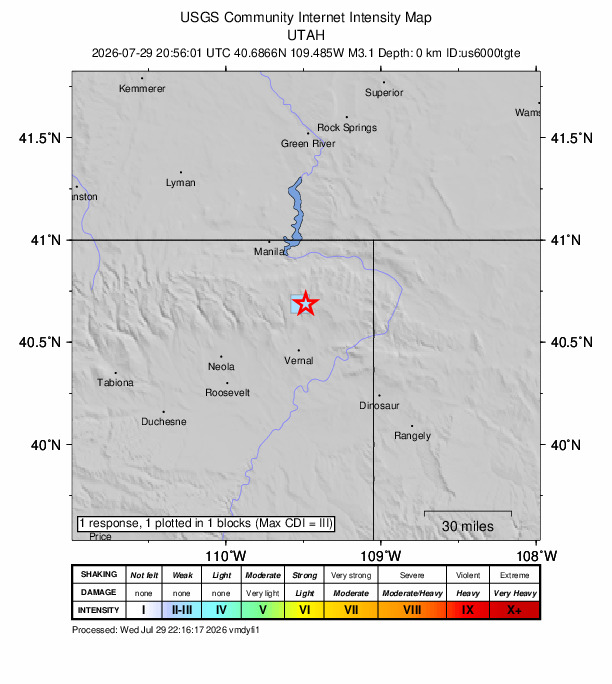 USGS DYFI community-reported intensity map for the M3.1 earthquake near 24 km NNE of Maeser, Utah