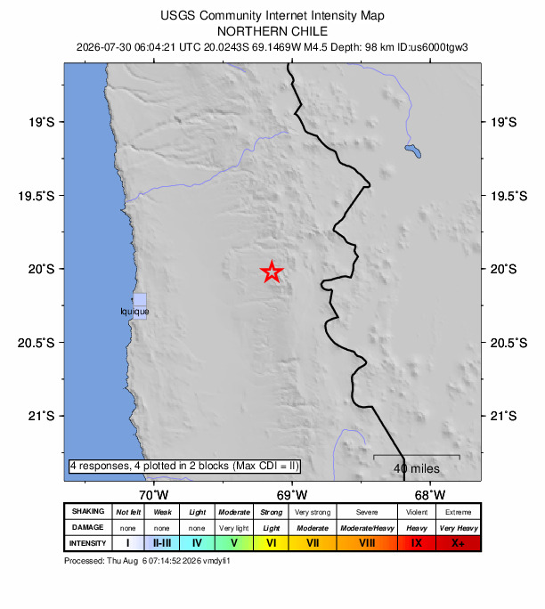 USGS DYFI community-reported intensity map for the M4.5 earthquake near 63 km ENE of La Tirana, Chile