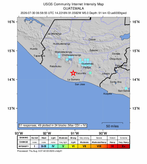 USGS DYFI community-reported intensity map for the M5.0 earthquake near 11 km W of La Democracia, Guatemala