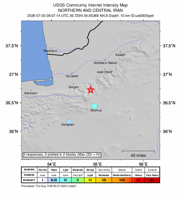 USGS DYFI community-reported intensity map for the M4.8 earthquake near 25 km ESE of Qarnābād, Iran