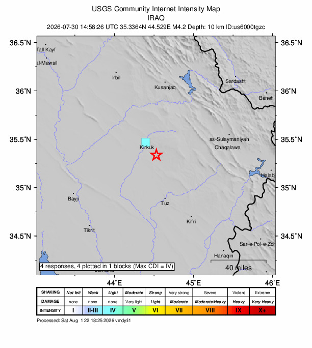 USGS DYFI community-reported intensity map for the M4.2 earthquake near 19 km SE of Kirkuk, Iraq