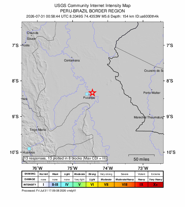 USGS DYFI community-reported intensity map for the M5.6 earthquake near 13 km ENE of San Fernando, Peru