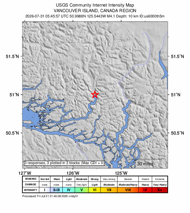 USGS DYFI community-reported intensity map for the M4.1 earthquake near 111 km N of Campbell River, Canada