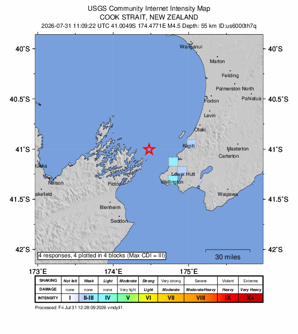 USGS DYFI community-reported intensity map for the M4.5 earthquake near 31 km WNW of Titahi Bay, New Zealand