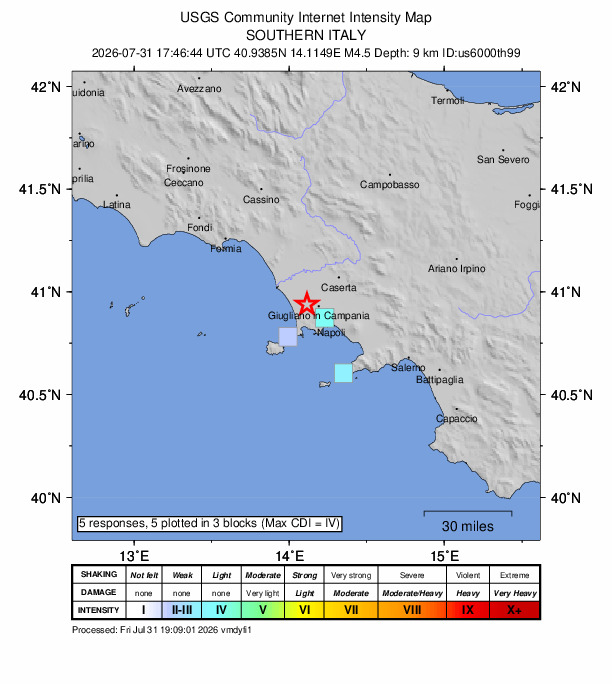 USGS DYFI community-reported intensity map for the M4.5 earthquake near 3 km NNW of Torretta-Scalzapecora, Italy
