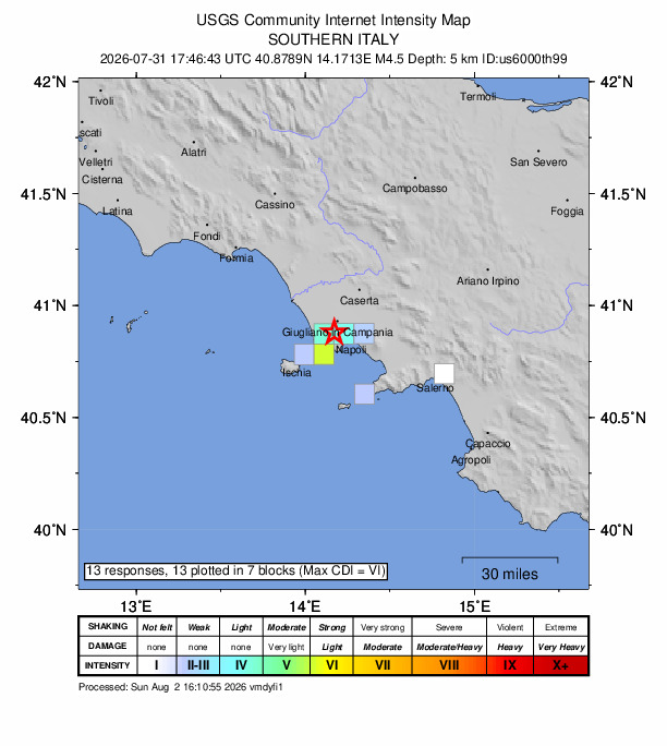 USGS DYFI community-reported intensity map for the M4.5 earthquake near 0 km WNW of Torre Caracciolo, Italy