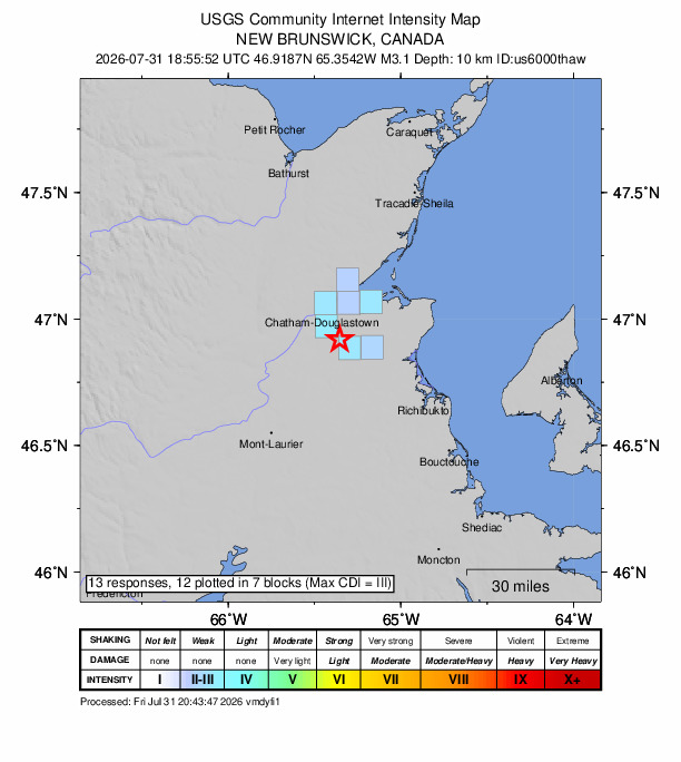 USGS DYFI community-reported intensity map for the M3.1 earthquake near 16 km SE of Miramichi, Canada