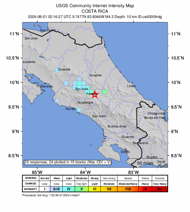 USGS DYFI community-reported intensity map for the M4.3 earthquake near 7 km SE of Orosi, Costa Rica