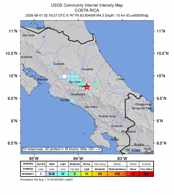 USGS DYFI community-reported intensity map for the M4.3 earthquake near 7 km SE of Orosi, Costa Rica