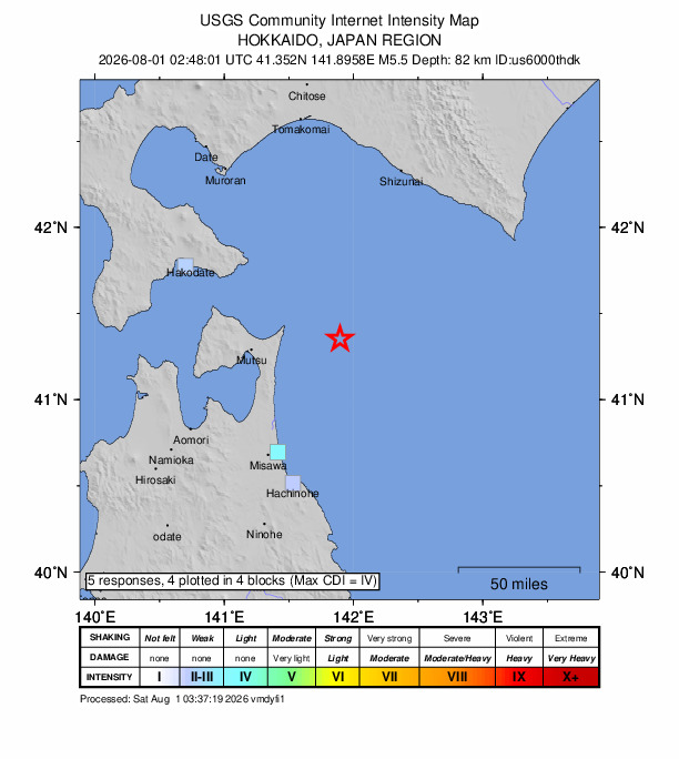 USGS DYFI community-reported intensity map for the M5.5 earthquake near 57 km E of Mutsu, Japan
