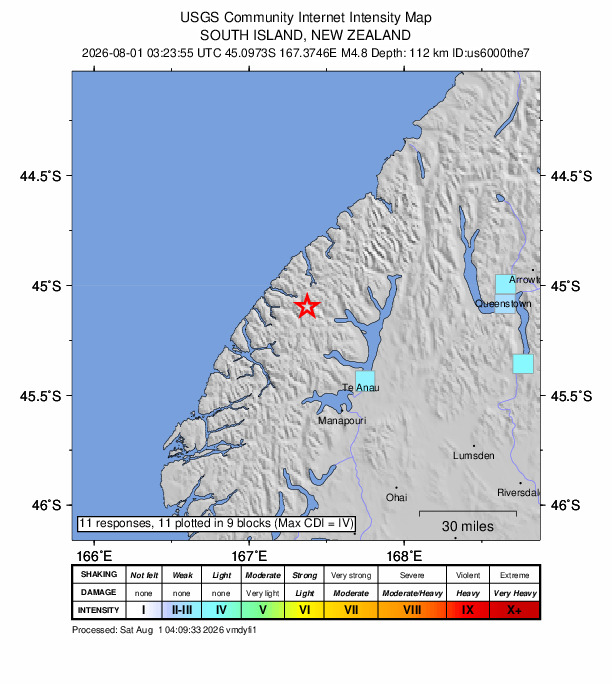 USGS DYFI community-reported intensity map for the M4.8 earthquake near 44 km NW of Te Anau, New Zealand
