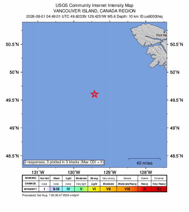 USGS DYFI community-reported intensity map for the M5.6 earthquake near 200 km SW of Port McNeill, Canada