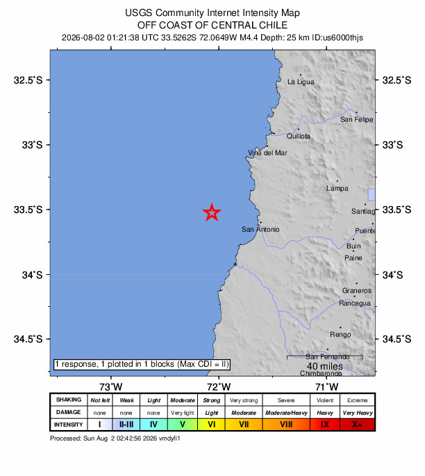 USGS DYFI community-reported intensity map for the M4.4 earthquake near 42 km W of Cartagena, Chile
