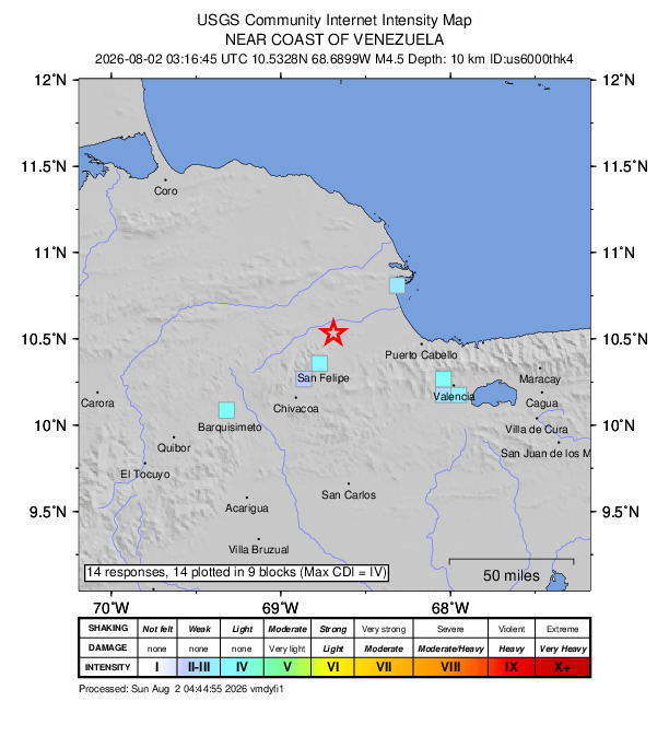 USGS DYFI community-reported intensity map for the M4.5 earthquake near 7 km SSW of Yumare, Venezuela