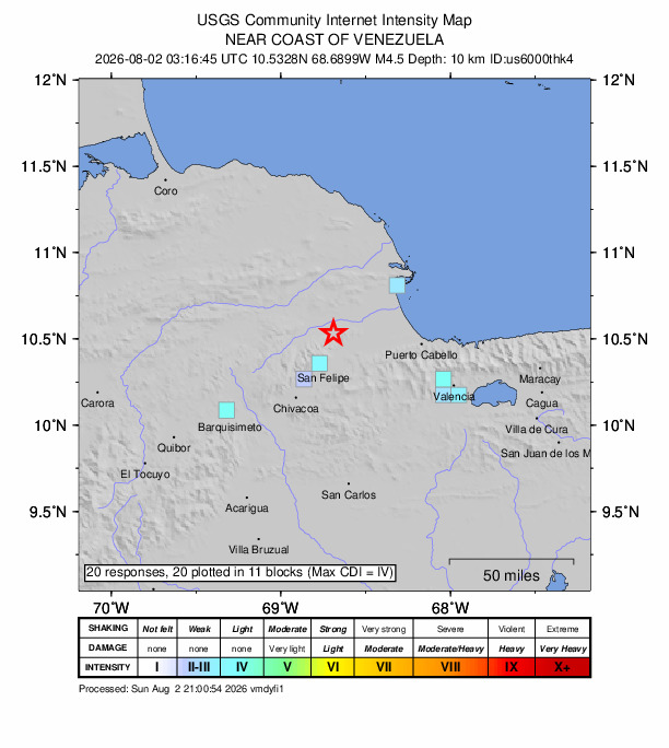 USGS DYFI community-reported intensity map for the M4.5 earthquake near 7 km SSW of Yumare, Venezuela