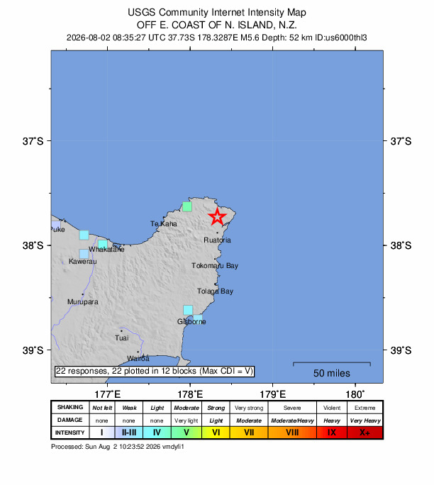 USGS DYFI community-reported intensity map for the M5.6 earthquake near 14 km S of Hicks Bay, New Zealand