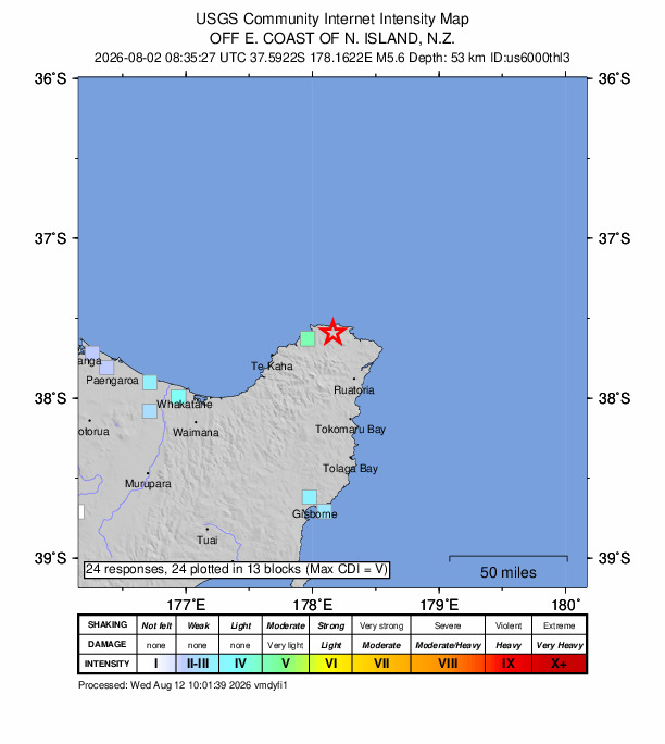 USGS DYFI community-reported intensity map for the M5.6 earthquake near 12 km W of Hicks Bay, New Zealand