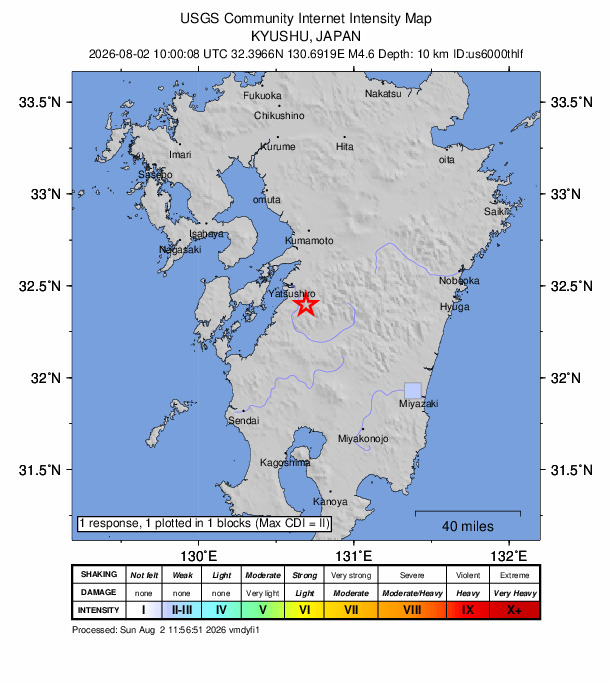 USGS DYFI community-reported intensity map for the M4.6 earthquake near 14 km SE of Honmachi, Japan