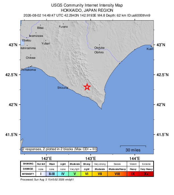 USGS DYFI community-reported intensity map for the M4.8 earthquake near 18 km N of Honchō, Japan