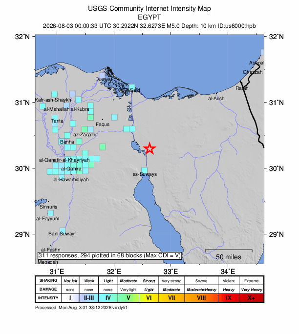 USGS DYFI community-reported intensity map for the M5.0 earthquake near 36 km NNE of Suez, Egypt