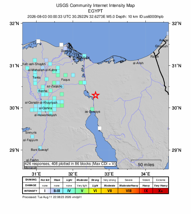 USGS DYFI community-reported intensity map for the M5.0 earthquake near 36 km NNE of Suez, Egypt