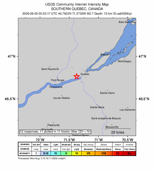 USGS DYFI community-reported intensity map for the M2.7 earthquake near 3 km SSW of L'Ancienne-Lorette, Canada