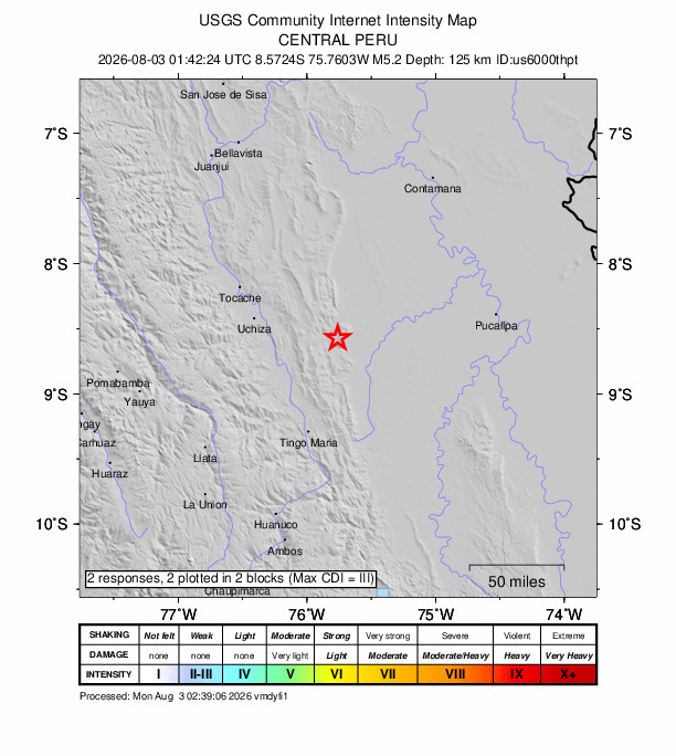 USGS DYFI community-reported intensity map for the M5.2 earthquake near 66 km WNW of San Alejandro, Peru