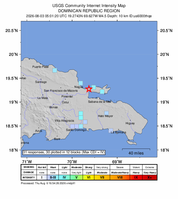 USGS DYFI community-reported intensity map for the M4.5 earthquake near 5 km NNW of Sánchez, Dominican Republic