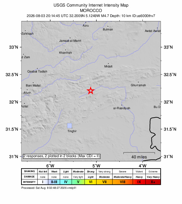 USGS DYFI community-reported intensity map for the M4.7 earthquake near 64 km SSW of Midelt, Morocco