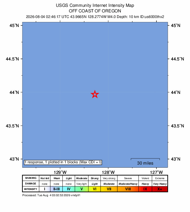 USGS DYFI community-reported intensity map for the M4.0 earthquake near off the coast of Oregon