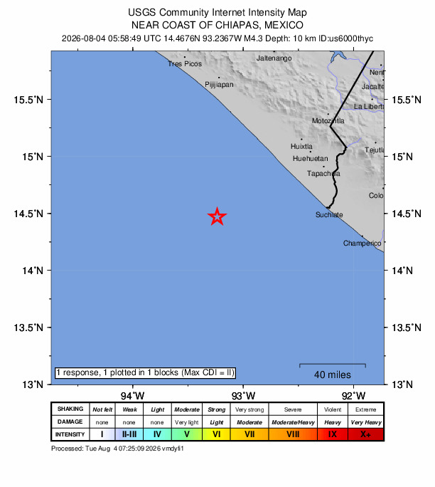 USGS DYFI community-reported intensity map for the M4.3 earthquake near 92 km WSW of Puerto Madero, Mexico