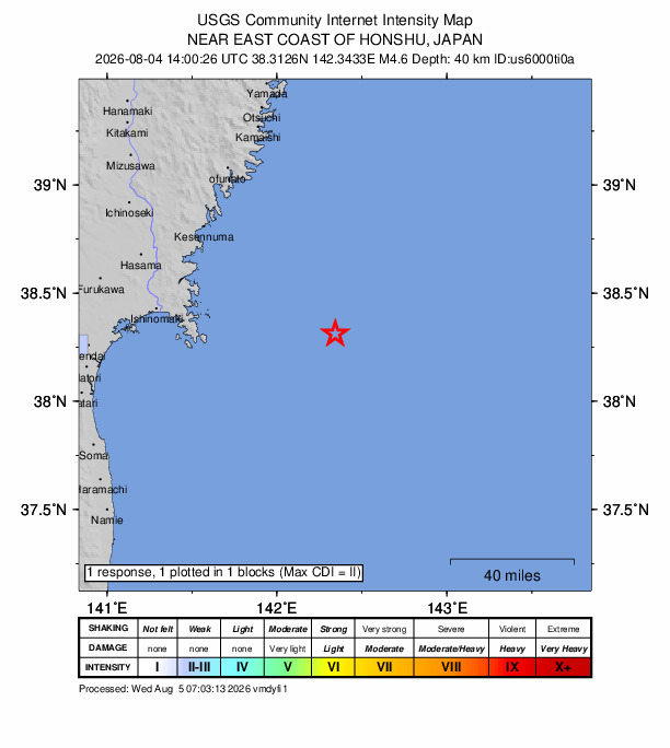 USGS DYFI community-reported intensity map for the M4.6 earthquake near 79 km E of Onagawa Chō, Japan