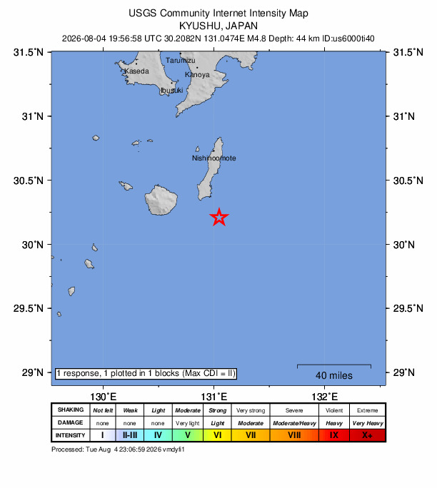 USGS DYFI community-reported intensity map for the M4.8 earthquake near 43 km ESE of Koseda, Japan