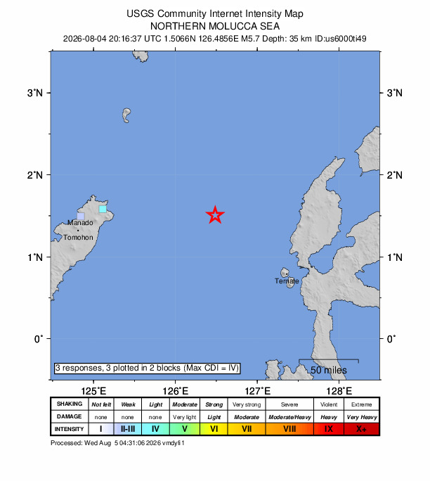 USGS DYFI community-reported intensity map for the M5.7 earthquake near 127 km NW of Ternate, Indonesia