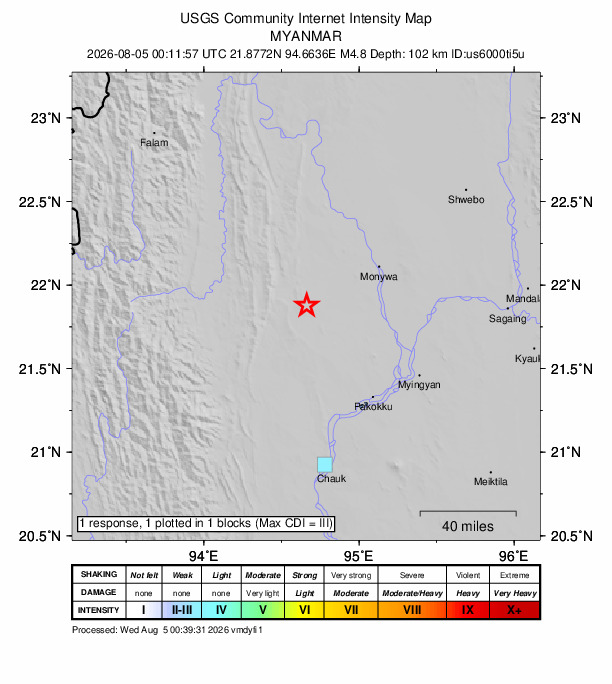 USGS DYFI community-reported intensity map for the M4.8 earthquake near 55 km WSW of Monywa, Burma (Myanmar)