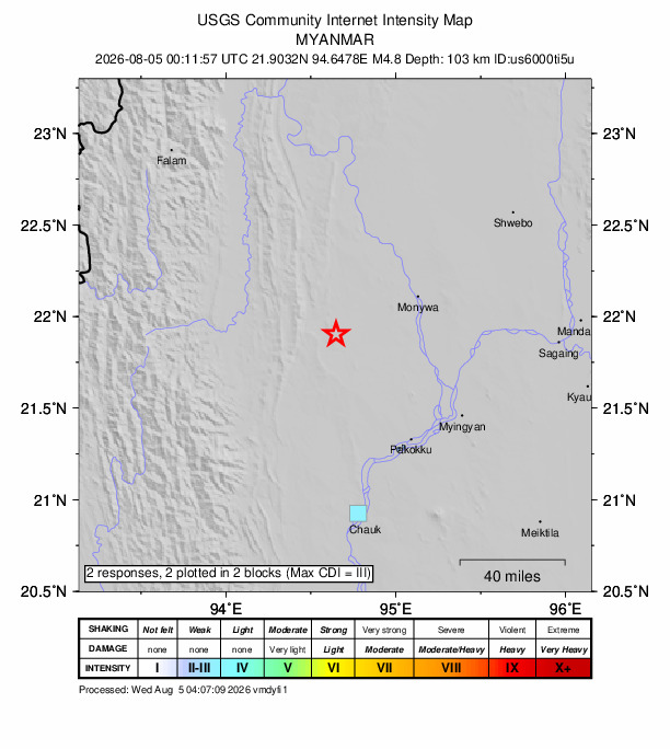 USGS DYFI community-reported intensity map for the M4.8 earthquake near 55 km WSW of Monywa, Burma (Myanmar)