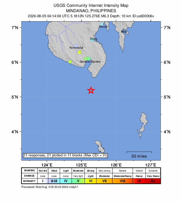 USGS DYFI community-reported intensity map for the M6.3 earthquake near 32 km SW of Sarangani, Philippines