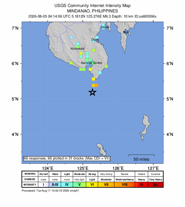 USGS DYFI community-reported intensity map for the M6.3 earthquake near 32 km SW of Sarangani, Philippines