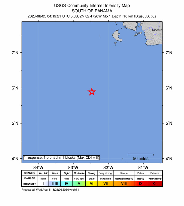 USGS DYFI community-reported intensity map for the M5.1 earthquake near 238 km SSW of Río Grande, Panama