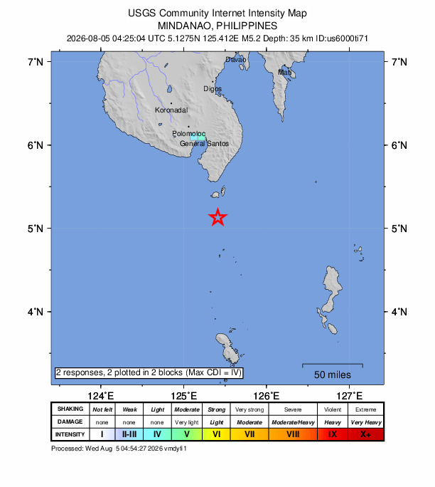 USGS DYFI community-reported intensity map for the M5.2 earthquake near 31 km S of Sarangani, Philippines