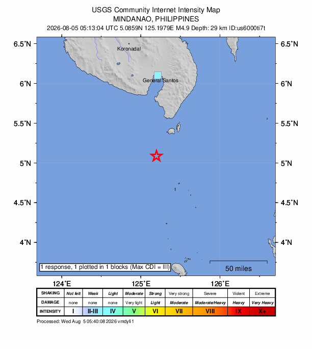 USGS DYFI community-reported intensity map for the M4.9 earthquake near 45 km SW of Sarangani, Philippines