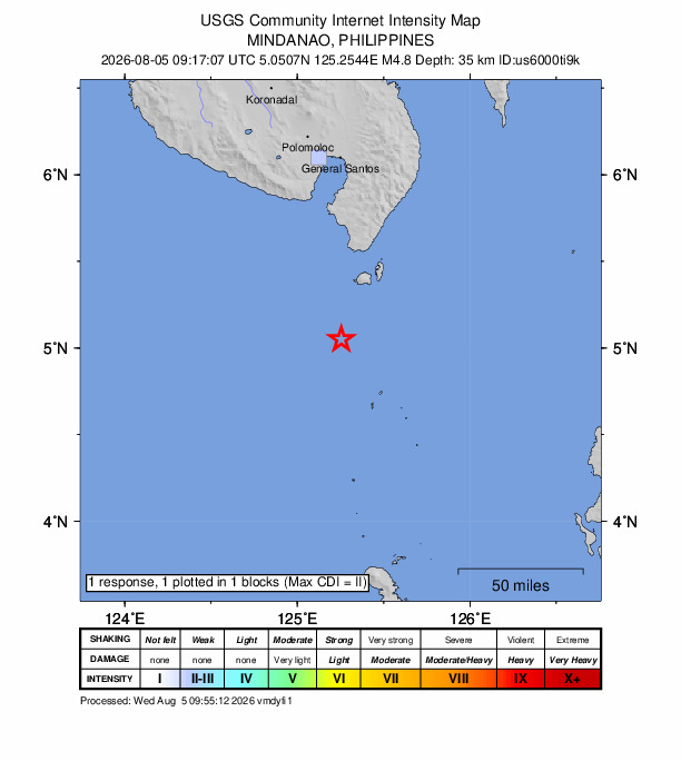 USGS DYFI community-reported intensity map for the M4.8 earthquake near 45 km SSW of Sarangani, Philippines