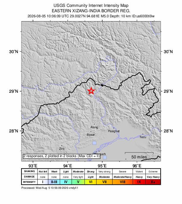 USGS DYFI community-reported intensity map for the M5.0 earthquake near 60 km NNE of Shi Yomi, India
