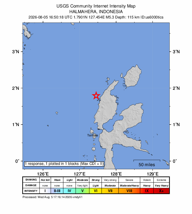 USGS DYFI community-reported intensity map for the M5.3 earthquake near 62 km W of Tobelo, Indonesia