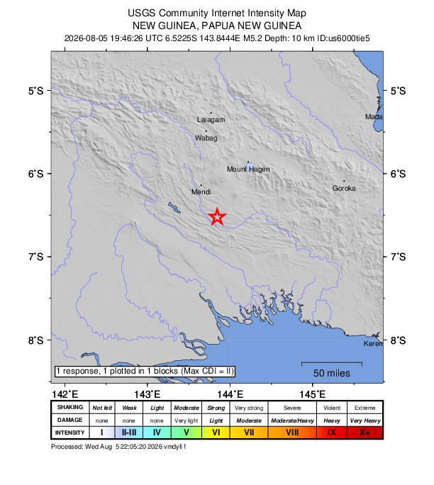 USGS DYFI community-reported intensity map for the M5.2 earthquake near 31 km SSW of Ialibu, Papua New Guinea