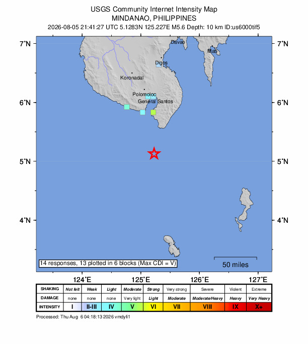 USGS DYFI community-reported intensity map for the M5.6 earthquake near 40 km SW of Sarangani, Philippines