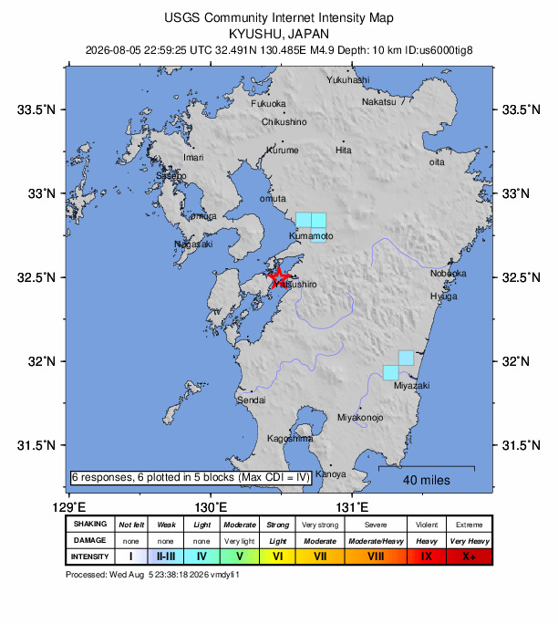 USGS DYFI community-reported intensity map for the M4.9 earthquake near 10 km W of Honmachi, Japan