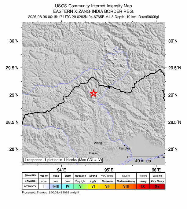 USGS DYFI community-reported intensity map for the M4.8 earthquake near 62 km NNE of Shi Yomi, India