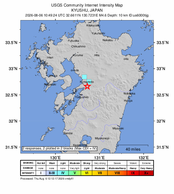 USGS DYFI community-reported intensity map for the M4.6 earthquake near 5 km ENE of Matsubase, Japan