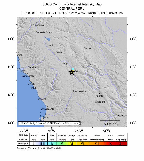 USGS DYFI community-reported intensity map for the M5.3 earthquake near 7 km SSW of Huayucachi, Peru